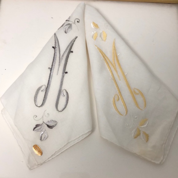 2 VTG Switzerland made Monogram “M” Delicate Handkerchiefs All Cotton - Picture 1 of 11